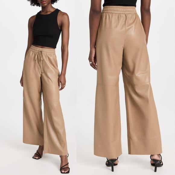 NEW Good American Faux Leather Wide Leg Pants Warm Carmel Tan Large Minimalist - Picture 1 of 9